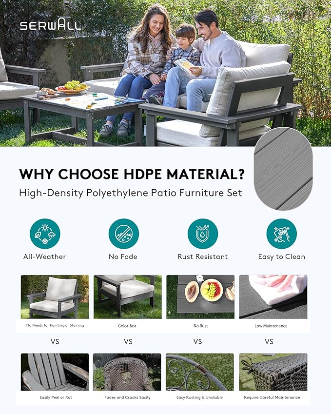 SERWALL HDPE Patio Conversation Set, 6-piece Sectional Outdoor Furniture Set, All Weather Outdoor Couch Set Patio Furniture Set for Deck, Lawn, Grey Frame with Grey Cushion