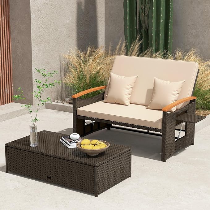 Tangkula Patio Rattan Daybed with 4-Level Adjustable Backrest, Outdoor Wicker Loveseat with Acacia Wood Armrest, Storage Ottoman & Folding Tray, Double Sunbed Lounger for Balcony, Backyard & Poolside