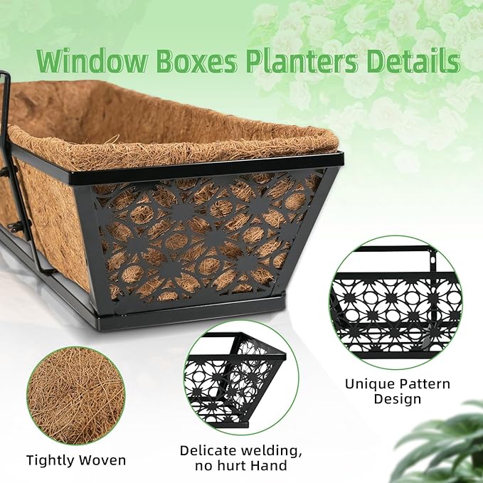 hehimhis Window Planter Box with Adjustable Bracket and Coco Liner for Porch, 24 Inch 4 Pack Balcony Planters Railing Hanging,Fence, Patio Hanging Planters for Garden Outdoor