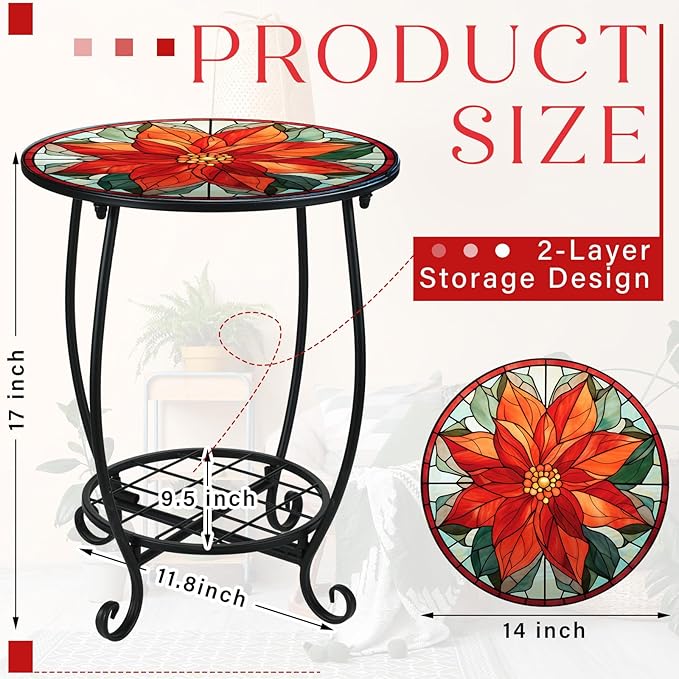 Outdoor Side Table Round Small Mosaic Patio Accent Indoor End Plant Coffee Tea Table for Yard Patio Porch Garden Living Room, Bedroom(Poinsettia,14 Inch)