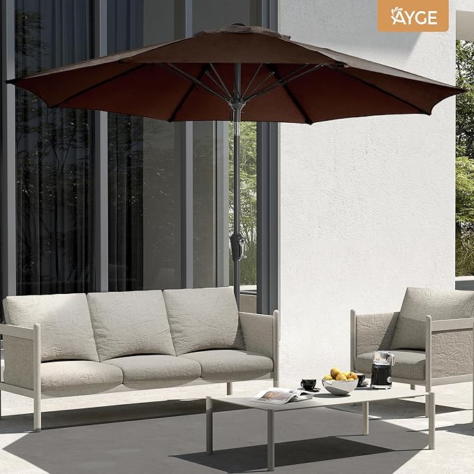 Ayge 9FT Large Outdoor Patio Umbrella Market Table Umbrella-UV Resistant, Easy Push Button Tilt and Crank, 8 Sturdy Fiberglass Ribs Heavy-Duty Pool Umbrella for Deck, Backyard,Garden,Brown