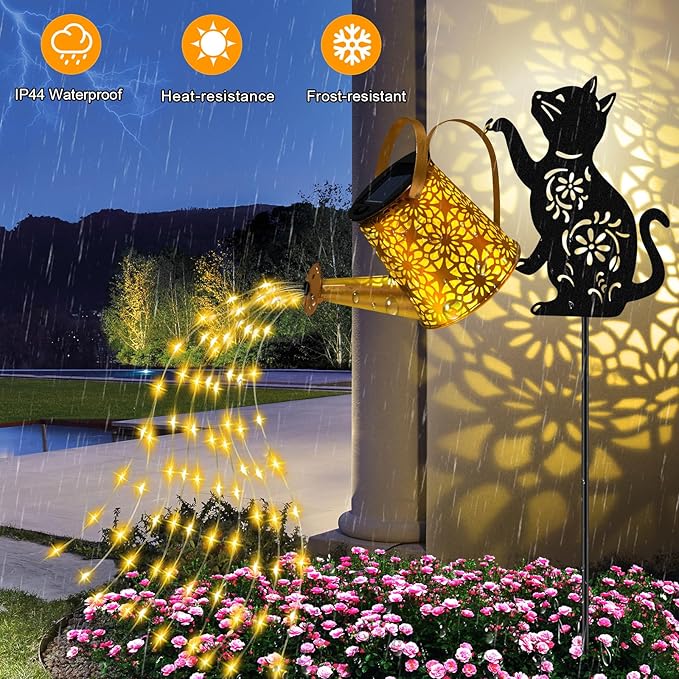 Solar Lights Outdoor Decorative, Watering Can with Cascading Lights, with Cat Silhouette Garden Stakes, Waterproof Metal Garden Decor for Yard Art, Outside, Patio, Lawn 2PACK