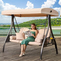 3 in 1 Outdoor Porch Swing with Adjustable Canopy, 3 Seat Outdoor Swing for Adults, Patio Swing Chair with Thickened Cushions,Pillows & Cup Holders for Backyard, Porch, Garden (Khaki)