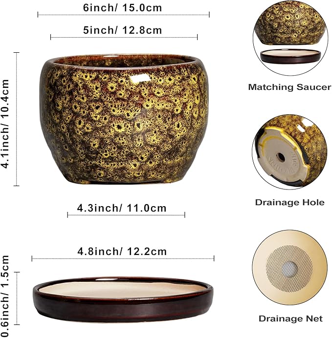 SQOWL 6 Inch Plant Pot - Ceramic Flower Pots with Drainage Hole and Saucer, Ceramic Planter for Indoor Plants Outdoor, Round Decorative Small Planter, Table Desk Decor, Housewarming Gifts, Yellow