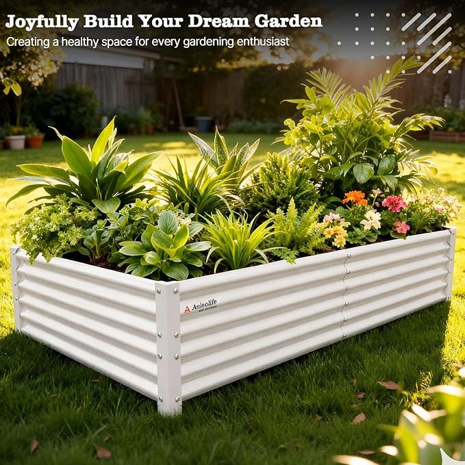 A ANLEOLIFE 6X3X1.5 ft Galvanized Raised Garden Beds Outdoor, Rectangular Metal Planter Box for Planting Vegetables Flowers Herb, Anti-Rust & Easy-Setup, Antique White