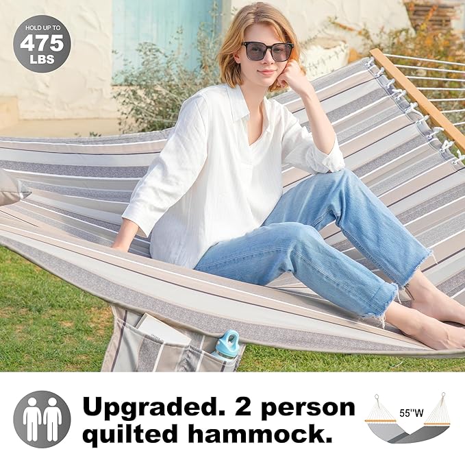 2 Person Hammocks for Outside, Double Quilted Fabric Outdoor Hammock with Spreader Bar, Large Removable Pillow, Storage Pockets, Carabiners, Max 475 lbs Capacity (Peace Dove Grey)