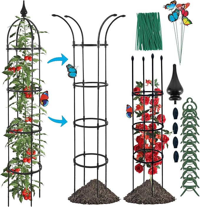 Garden Obelisk Trellis for Climbing Plants Outdoor, 6.6ft Tall Rustproof Coated Metal Plant Support with Garden Twist Tie for Tomato Cucumber Ivy Vines Rose Potted Plant Trellis 1 Pack