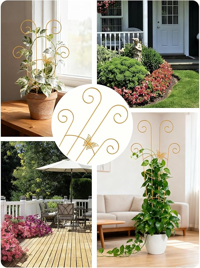4Pcs Indoor Plant Trellis for Potted Plants, 30" Taller Expandable Garden Metal Trellis for Climbing Plants Outdoor, Houseplant Support Stakes for Ivy Pothos Hoya Flower (Gold)