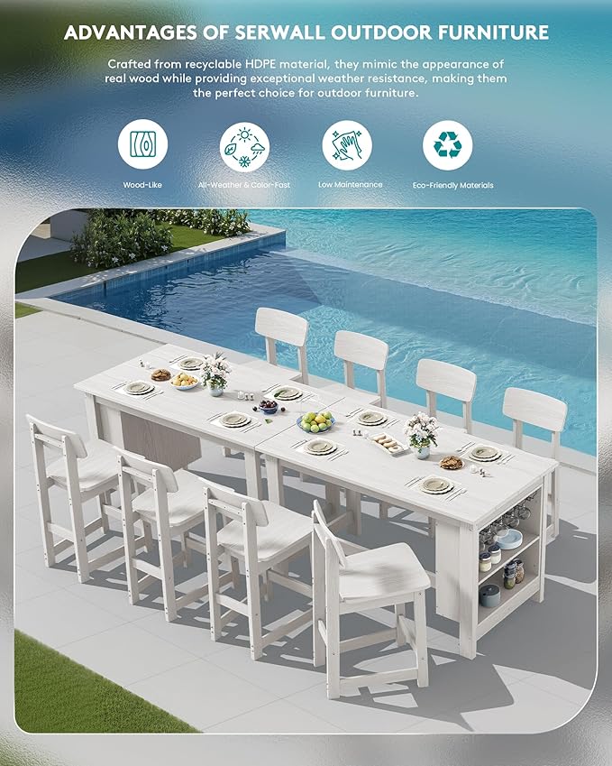 SERWALL Outdoor Bar Stools Set of 2, All Weather HDPE 25" Counter Height Bar Stools with Back, Outdoor Armless Barstools for Patio, Garden, Backyard, Balcony, Poolside, White