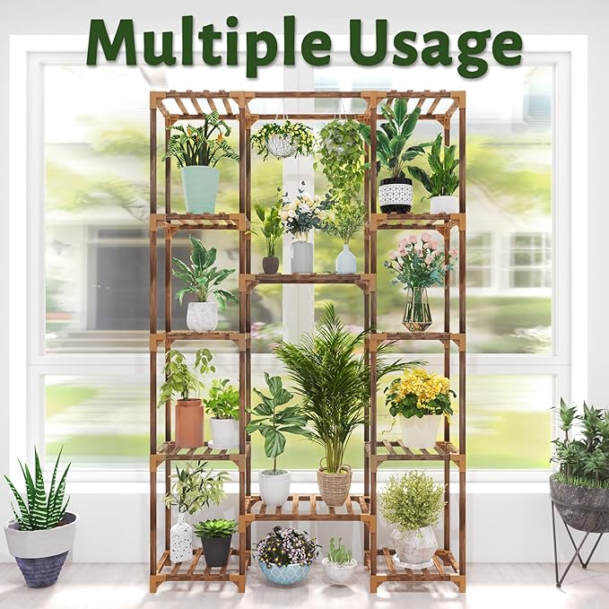 Uneedem Tall Indoor Outdoor Plant Stand - Large 12 Tier Plant Rack with Wooden Shelves for Room, Balcony, Garden, Patio