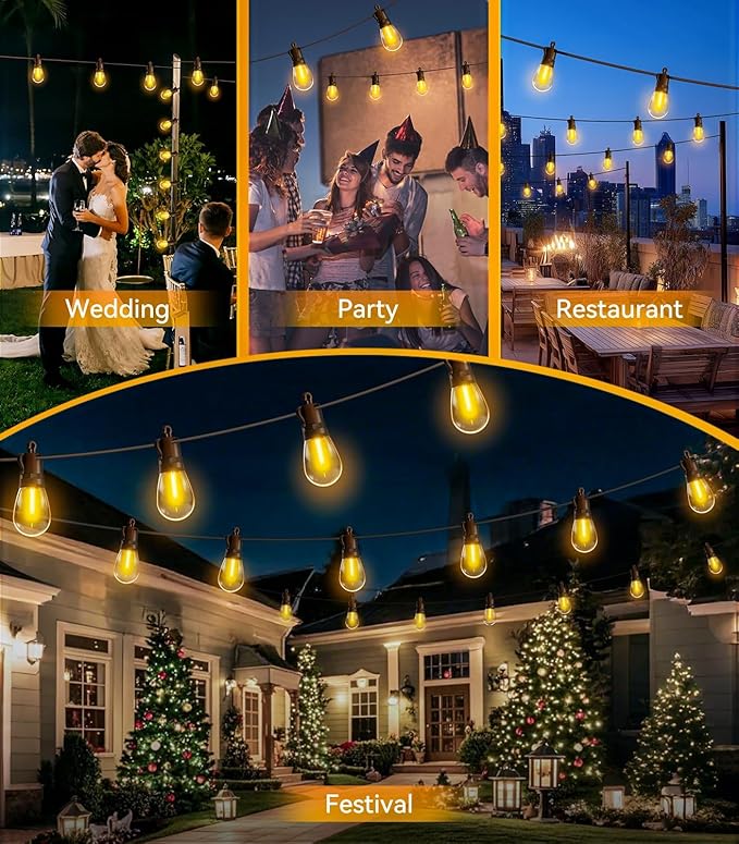 Outdoor String Lights Patio LED - Light Outside 50Ft 15M Waterproof Remote Dimmable S14 Porch Lighting Edison Plastic Bulb Pergola Hanging Balcony Connectable Backyard Yard Gazebo Party Garden Bistro