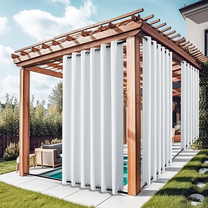 NICETOWN 2 Panels Outdoor Curtains for Patio Waterproof Grommet Top & Bottom, Windproof Thermal Insulated Heat & Sound Blocking Outdoor for Pergola Gazebo, Greyish White, W84 x L84