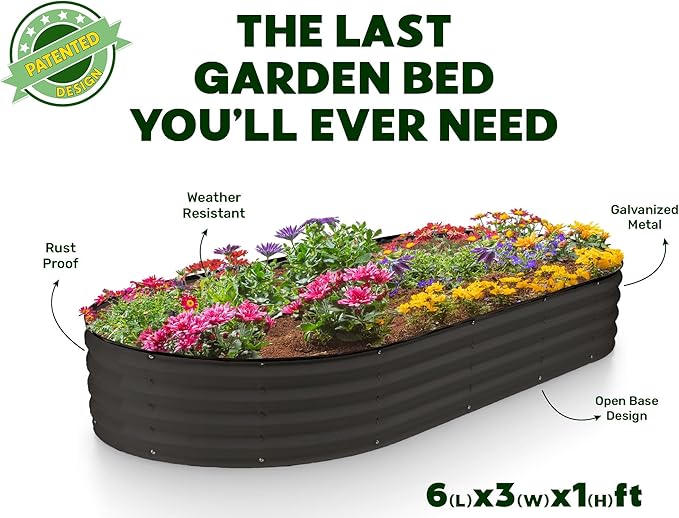 Plant & Plot Galvanized Raised Garden Beds Outdoor // 6×3×1 ft Planter Raised Beds for Gardening, Vegetables, Flowers // Large Metal Garden Box // Patented Tool-Free Design (Black)