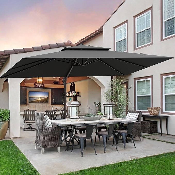 9x12FT Grey Cantilever Outdoor Patio Umbrella with Base, Large Rectangular Offset Design, Double Top Heavy Duty Aluminum Frame & 360° Rotation for Pool Garden Deck Backyard