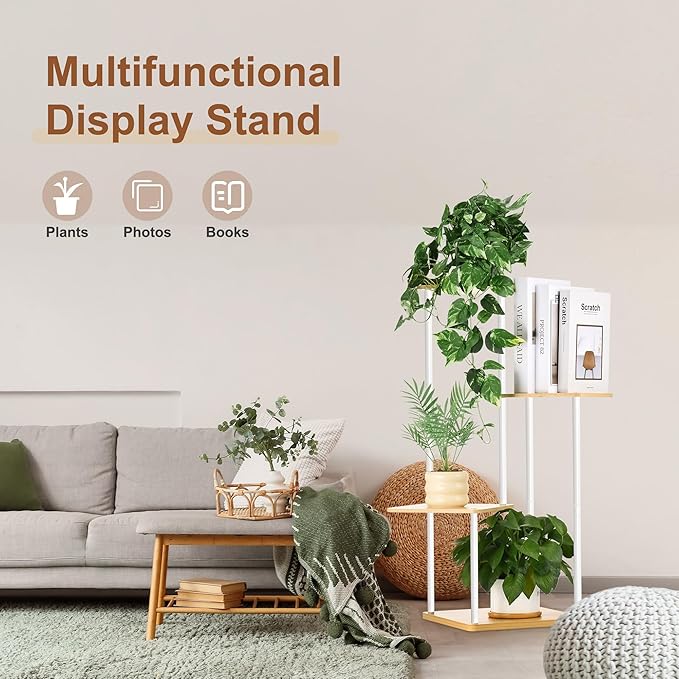 4 Tier Plant Stand Indoor Outdoor, Wood Metal Corner Shelf, Multiple Flower Pot Rack Holder Shelves, Planter Shelf Display Storage Organizer for Patio Living Room Balcony (White)