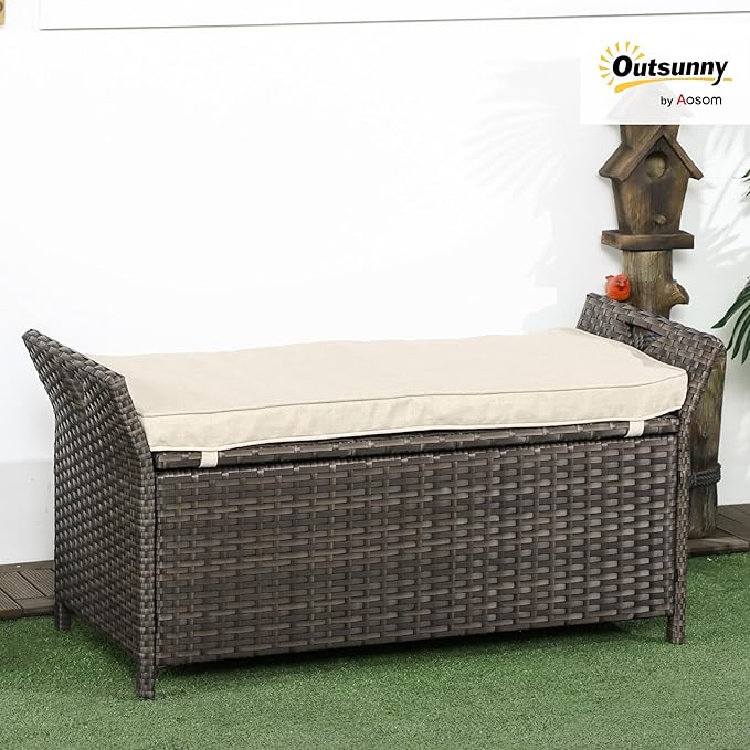 Outsunny 29 Gallon Patio Wicker Storage Bench, Outdoor PE Rattan Patio Furniture, 2-in-1 Large Capacity Rectangle Garden Storage Box with Handles and Cushion, Cream White