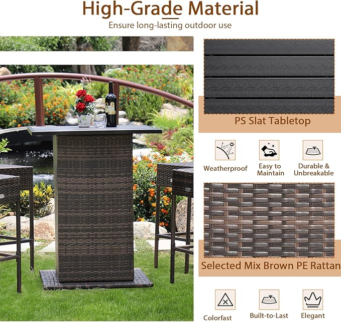 Tangkula 5 Piece Outdoor Rattan Bar Set, Patio Bar Furniture with 4 Cushions Stools and Smooth Top Table with Hidden Storage Shelf, Outdoor Conversation Set for Poolside, Backyard, Lawn