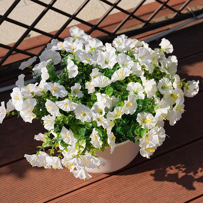 Artificial Flowers for Outdoors, UV Resistant Fake Silk Morning Glory, Realistic Faux Plants for Outside Porch Patio Window Box Hanging Planter (16, White)