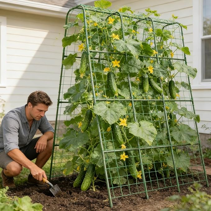 Miory Cucumber Trellis for Raised Beds, 48 x 63 Inch Metal U-Frame Garden Trellis for Climbing Plants Outdoor with Climbing Net, Plant Support for Cucumber Tomato Bean Pea