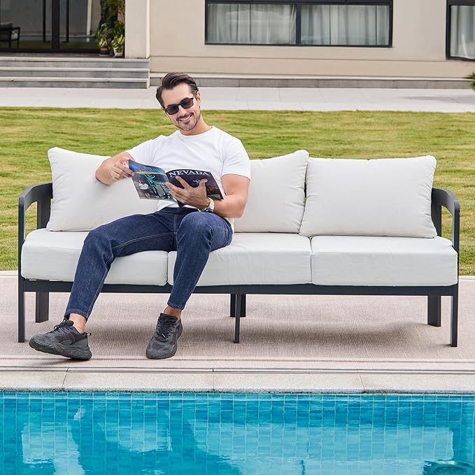 Outdoor Couch Aluminum Patio Furniture, 3-Seat All-Weather Metal Modern Patio Sofa with Washable Thick Cushion for Garden/Backyard/Porch, White