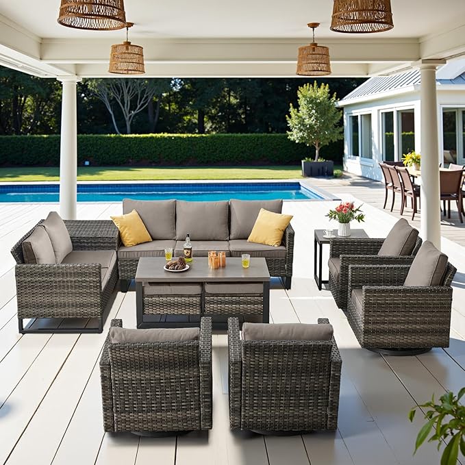 Belord Spacious 11 Pieces Patio Conversation Set - 5-Seater Outdoor Furniture Sectional Sets with Swivel Glider Chairs Set of 4 and Storage Box, Metal Top Coffee Table with Embedded Ottoman Gray