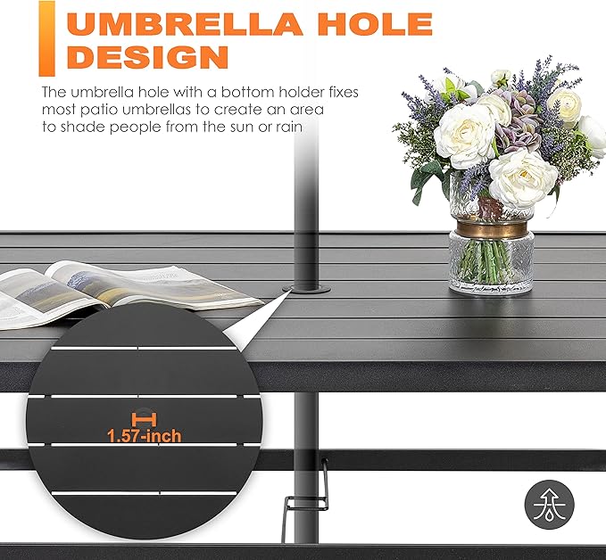 NUU GARDEN 7 Piece Outdoor Dining Set Rectangle Iron Patio Table with Umbrella Hole and 6 Swivel Chairs with Cushions Outdoor Furniture Set for Garden Backyard Black and Red