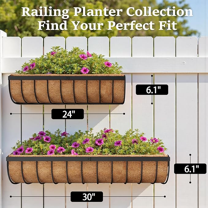 Railing Planter Boxes, 30 Inch Window Boxes Planters, Balcony Planters with Adjustable Brackets & Coco Liner & Support Rod for Outdoor Fence, Deck, Porch, and Patio Gardening, 2 Pack