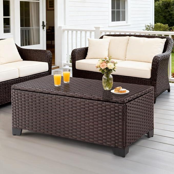 VINGLI Outdoor Coffee Table with Storage, All-Weather Dark Brown Wicker Patio Table for Garden, Balcony, Backyard