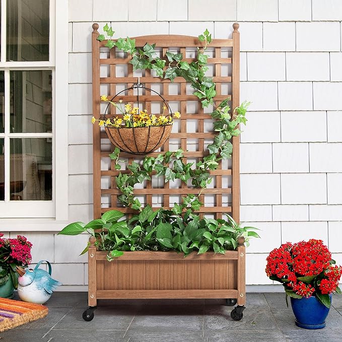 Yaheetech 50" H Raised Garden Bed with Trellis & Wheels Standing Vertical Horticulture Planter Box for Vine Climbing Plants, Flowers, Herbs Brown