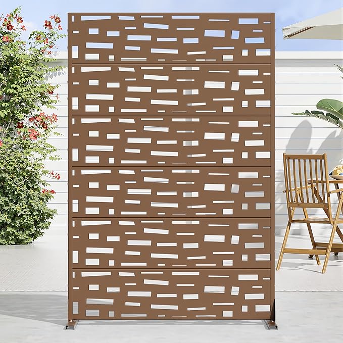 Casaphoria Metal Privacy Screen Outdoor, 72" H x 47" W Freestanding Decorative Privacy Screen for Patio Deck Balcony Garden with Stable Base, Brown-Gerald