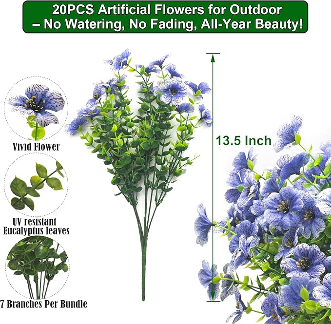 20 Bundles Artificial Flowers for Outdoors, UV Resistant Fake Plants Flowers Greenery Shrubs Plants for Decoration Outside Plants Hanging Planter Home Garden Decor (Blue)