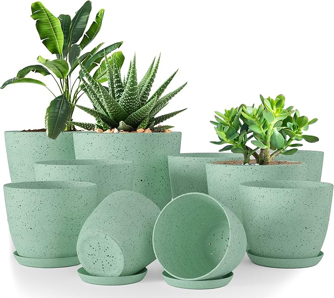 Utopia Home - Spotty Plant Pots Indoor with Drainage - 7/6.6/6/5.3/4.8 Inches Flower Pots - 10 Pack Plastic Planters - Ideal for Stocking Stuffers - (Speckled Mint, Pack of 10)