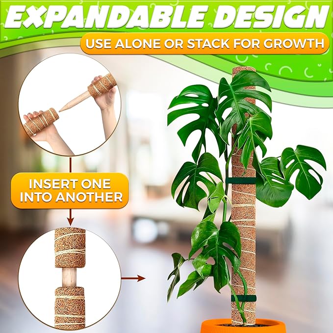 Moss Pole 26.4" Small Monstera Plant Support 2 Pcs Set - Pothos Plant Climber Support with Connectable Design and Fixation Strip - Coconut Fiber Moss Poles for Monstera, Money Plants, Philodendron