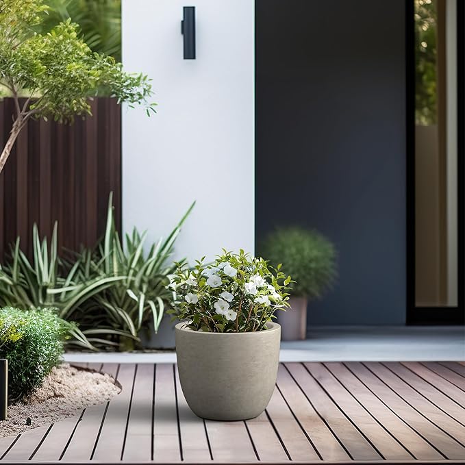 Kante 14 Inch Dia Round Concrete Planter, Indoor Outdoor Large Plant Pot with Drainage Hole and Rubber Plug for Home Patio Garden, Weathered Concrete
