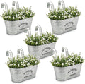Briful 10'' Hanging Planter Outdoor 5PCS Metal Railing Planter for Herb Flower, Oval Galvanized Buckets with Detachable Hooks, Garden Fence Balcony Windowsill Hanging Pot, Silver