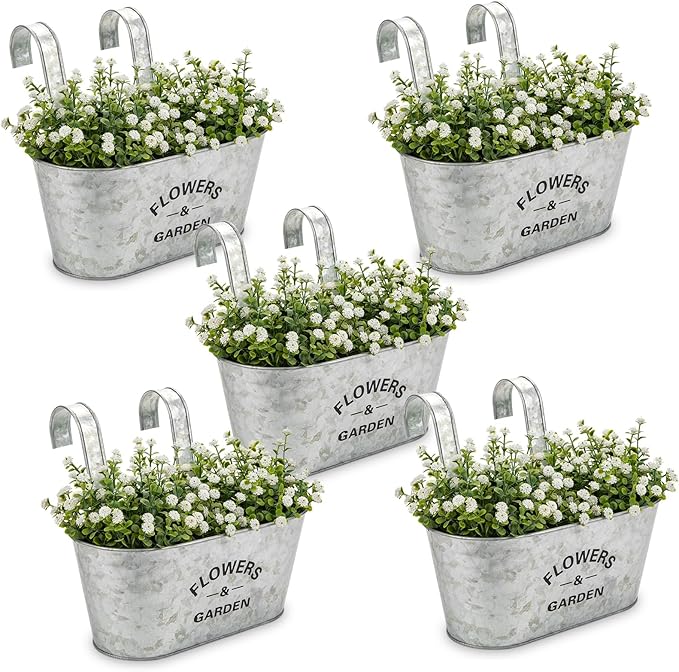 Briful 10'' Hanging Planter Outdoor 5PCS Metal Railing Planter for Herb Flower, Oval Galvanized Buckets with Detachable Hooks, Garden Fence Balcony Windowsill Hanging Pot, Silver