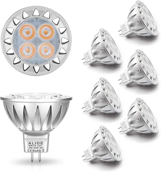 ALIDE MR16 Led Bulbs 5W Replace 20W 35W Halogen Equivalent,2700K Soft Warm White,12V Low Voltage MR16 GU5.3 Bulb Spotlights for Outdoor Landscape Flood Track Lighting,Not Dimmable,450lm,38 Deg,6 Pack