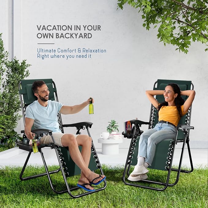 Nestl Zero Gravity Chairs Set of 4, Patio Lounge Chair Outdoor with Pillows & Cup Holder Trays, Adjustable Steel Mesh Reclining Camping Chair, Folding Patio Lawn Chair for Deck, Beach - Forest Green