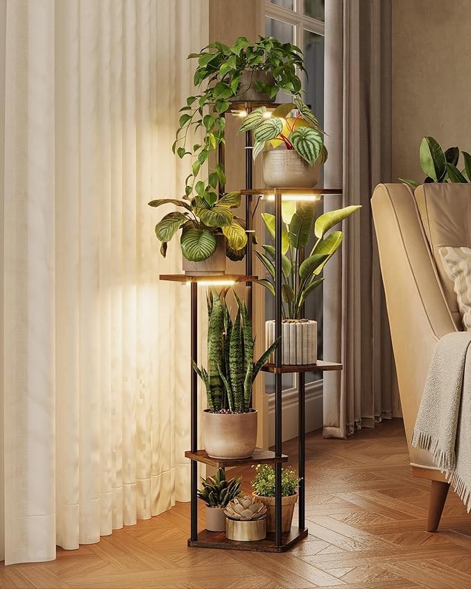 Corner Plant Stand Indoor 6 tiered plant shelf for Multiple Plants tall plant holder plant table metal shelving for Living Room Bedroom Balcony Patio Brown Oak with Light