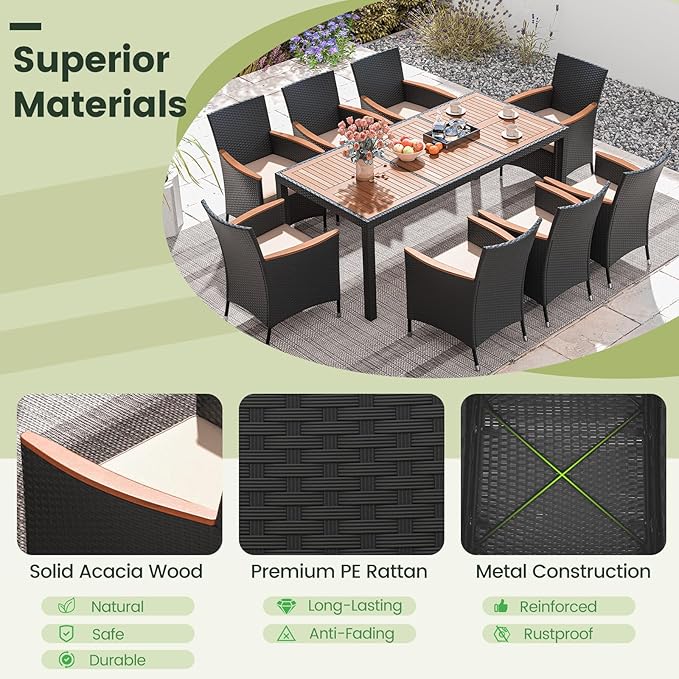 Tangkula 9 Pieces Rattan Outdoor Dining Set for 8, Outdoor Acacia Wood Table Set with 8 Cushioned Wicker Chairs, Umbrella Hole, Patio Dining Furniture Set for Deck Pool Backyard