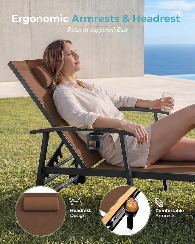 Ciokea Outdoor Lounge Chair with Pillow Set of 2, 5-Position Aluminum Chaise Lounge with Wheels & Armrests, 400 lbs Heavy Duty Patio Pool Chair for Backyard, Deck, Beach & Poolside, Brown
