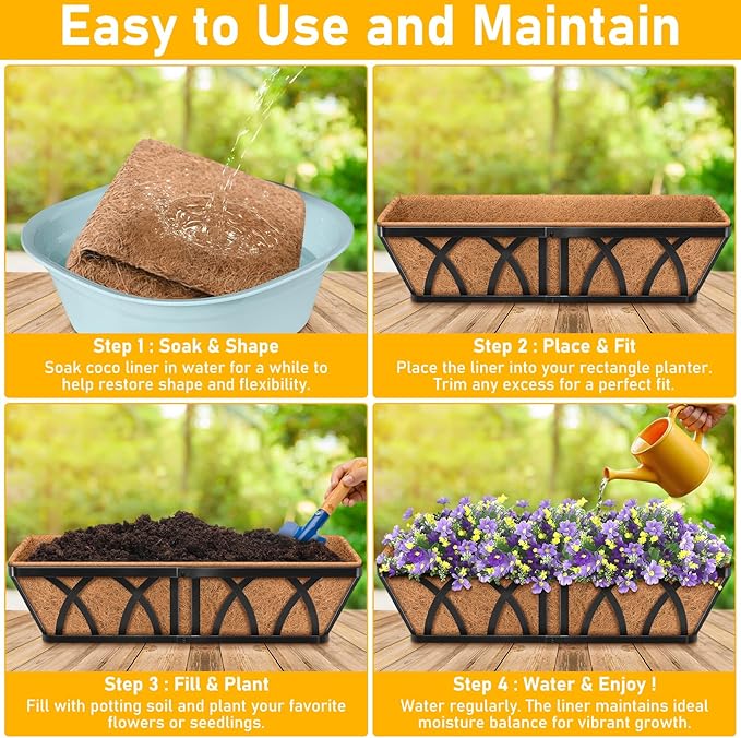 Riare 2 Pack 30 Inch Rectangle Coconut Liners for Planters, Natural Coconut Fiber Planter Liners, Window Box Liner Trough Coco Liner for Outdoor Flower, Garden Wall, Deck & Fence Planter Boxes