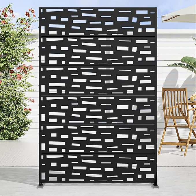 Casaphoria Metal Privacy Screen Outdoor, 72" H x 47" W Freestanding Decorative Privacy Screen for Patio Deck Balcony Garden with Stable Base, Black-Gerald