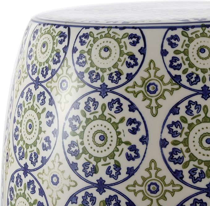 JONATHAN Y TBL1025A Lula 17.25" Suzani Ceramic Indoor/Outdoor Garden Stool, Blue/Green, Classic, Coastal, Bohemian, Traditional, Mediterranean, Cottage for Living Room, Garden, Outdoor, Home