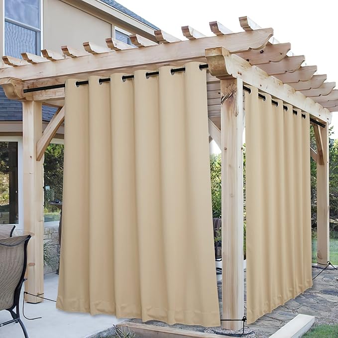 NICETOWN 2 Panels Outdoor Curtains for Patio Waterproof & Windproof, Grommet & Back Tab on Top & Bottom Weighted Drapes Keep Sun/Rain Out with Bouns Rope for Deck, Beige, W84 x L108