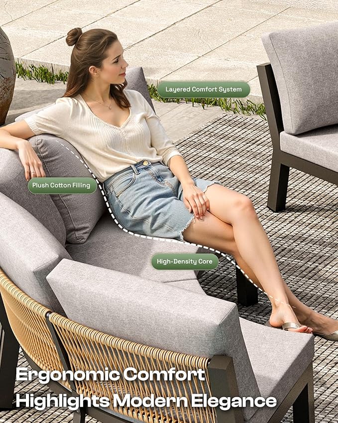 Outdoor Patio Furniture Set, 7 Piece Aluminum Curved Outdoor Sectional Sofas with Modular Coffee Table, PE Rope Patio Conversation Sets, All-Weather Patio Sofa Sets with Cushions, Gray