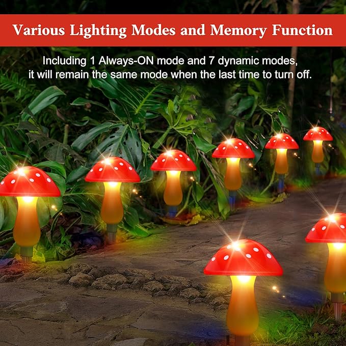Mushroom Solar Lights Outdoor Waterproof, Whimsical and Cute Solar Mushrooms Stake Lights for Outside with 8 Lights and 8 Modes for Fariy Garden Yard Lawn Path Planter Flower Bed Decor (Red)