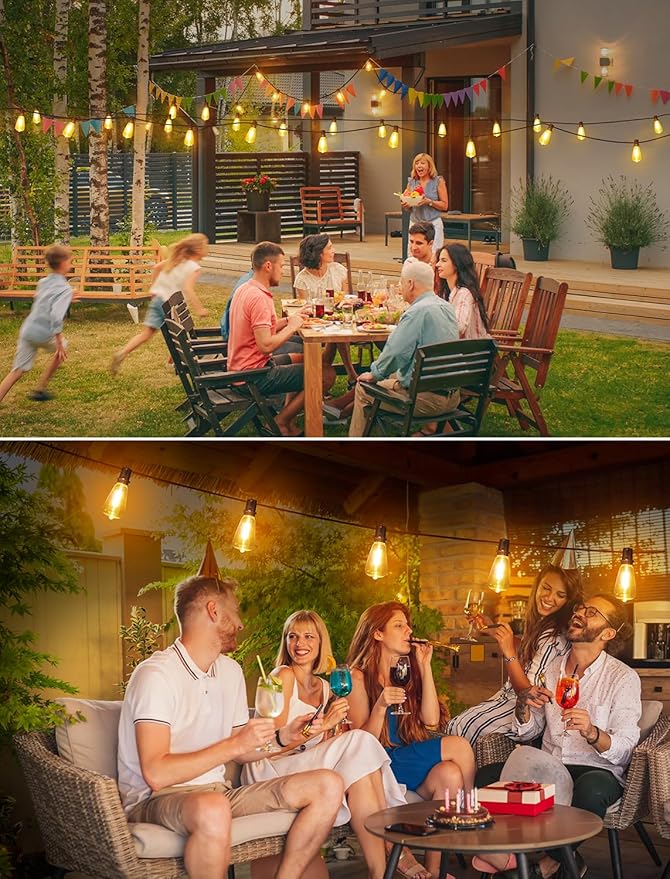 50FT(2x25FT) Outdoor String Lights, Patio Lights with 20+2 LED Dimmable Waterproof ST38 Vintage Bulbs for Backyard Bistro Cafe Deck, Black