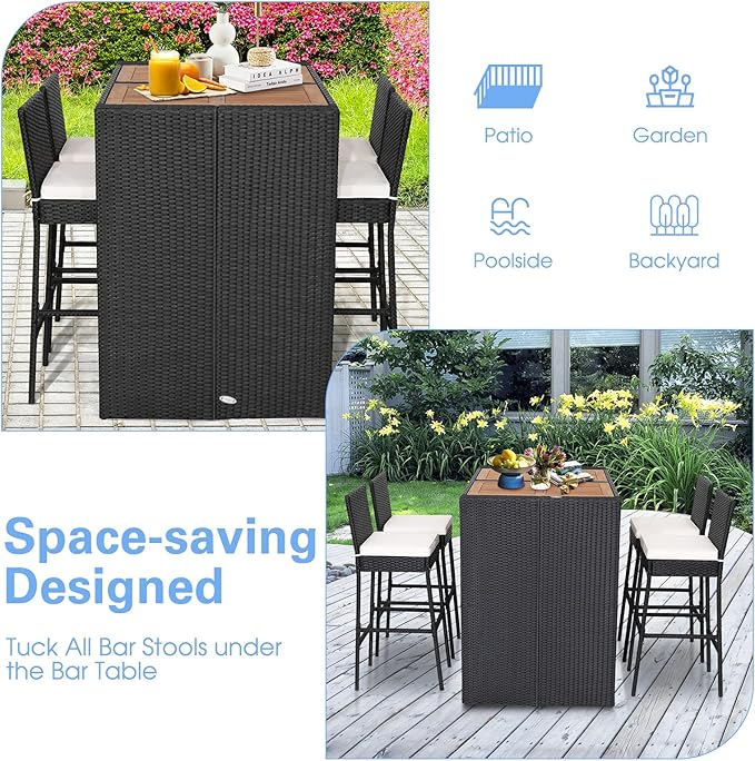 Tangkula 5 Piece Patio Wicker Bar Set, Patiojoy Outdoor Acacia Wood Bar Height Table & 4 Rattan Bar Stool Chairs with Backrest and Footrest, Outdoor Dining Bistro Set