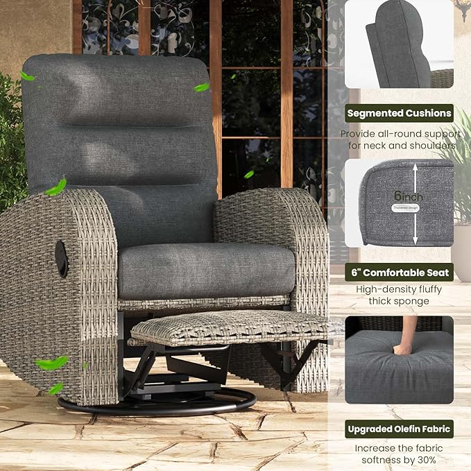 LayinSun Oversized Wicker Outdoor Swivel Glider Recliner with Adjustable Backrest & Footrest, Patio Reclining Lounge Chair - Set of 2